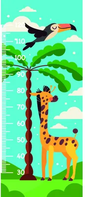 A tropical-themed height chart showing a yellow giraffe with brown spots standing beneath a tree, with an orange and black toucan perched above against a turquoise sky with white clouds.