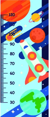 A height chart showing colourful illustrated rockets and planets in space against a blue background with numbered measurements from 30 to 120 centimetres.