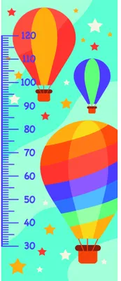 A brightly coloured height chart with three hot air balloons in red, orange, and rainbow stripes floating against a turquoise background with stars, with measurement markings from 30 to 120 centimetres along the left side.