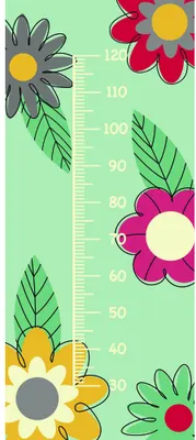 A vertical height measurement chart featuring illustrated flowers in various colours against a pale green background, with measurement markings from 0 to 120 centimetres.