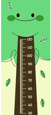 A cartoon character with a round green head, simple facial features and outstretched green arms holding a vertical height measurement scale marked from 30 to 120 centimetres, surrounded by small leaf illustrations.
