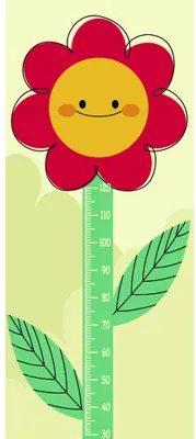 A cartoon-style smiling flower with a yellow circular face and six red petals, with a vertical height measurement scale running down its green stem against a pale yellow background.