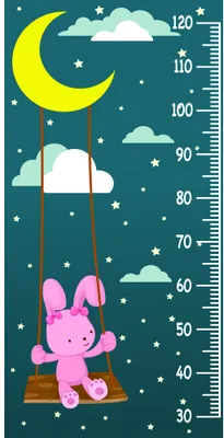 A height chart illustration showing a pink bunny sitting on a wooden swing suspended from clouds, surrounded by stars and a yellow crescent moon against a teal night sky.