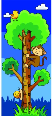 A cartoon illustration of a brown monkey climbing a large green tree with numbered measurement markings, surrounded by white clouds, birds, and smaller trees against a bright blue sky.