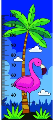 A bright illustrated height chart showing a magenta flamingo standing beside a palm tree against a blue sky with white clouds, with measurement markings along the left edge.