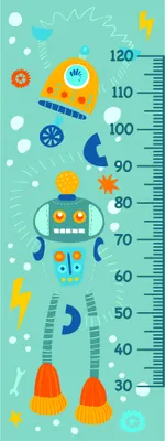A growth chart featuring a smiling orange and blue robot surrounded by rockets, stars, planets and sea creatures against a teal background with measurement markings from 60 to 120 centimetres.