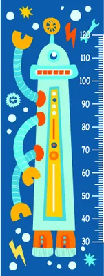 A colourful illustration of a yellow and orange rocket ship with a blue cabin, surrounded by stars and planets against a deep blue background, with measurement markings running vertically along the rocket's body.