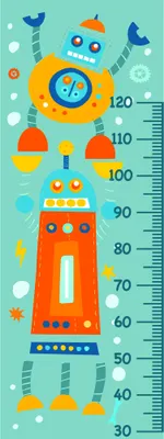 A height chart featuring a stacked tower of four cartoon robots in bright colours with geometric features, marked with measurements from 30 to 120 centimetres against a teal background.