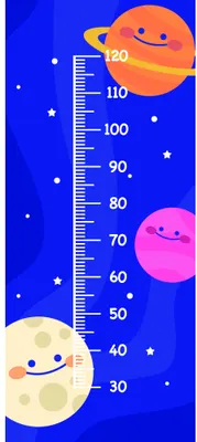 A height chart featuring a smiling orange planet with rings at the top, a pink moon in the middle, and a cream-coloured moon at the bottom, against a deep blue starry background with a measurement scale from 30 to 120 centimetres.