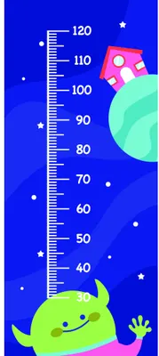 A height chart featuring a smiling green alien character with raised arms against a starry blue background, with measurement markers from 40 to 120 centimetres.