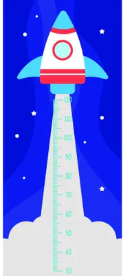 A colourful rocket ship illustration with red and white striping on a bright blue starry background, featuring a vertical height measurement scale running down the centre.