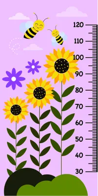 A colourful height chart illustration showing three yellow sunflowers with dark centres, two striped bees flying above them, purple flowers, green leaves and stems, and numbered measurements from 30 to 120 centimetres against a light purple background.
