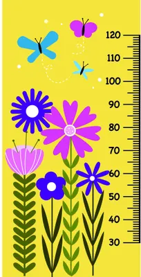 A height chart illustration featuring a yellow background with colourful stylised flowers, butterflies and dragonflies arranged around a measurement scale from 30 to 120 centimetres.