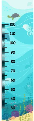A height chart featuring an underwater scene with a sea turtle swimming above colorful jellyfish and coral, with measurement markings from 40 to 120 centimetres along the left edge.