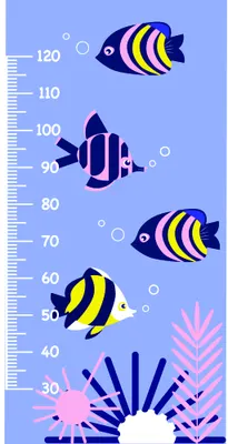 A height measurement chart with illustrated striped tropical fish, coral, and bubbles on a blue background with a numbered scale from 30 to 120 centimetres.