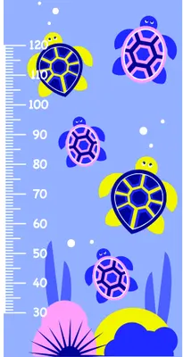 A height measurement chart featuring five cartoon turtles in yellow and purple with smiling faces, arranged vertically against a blue background with a measurement scale, coral, and bubbles.