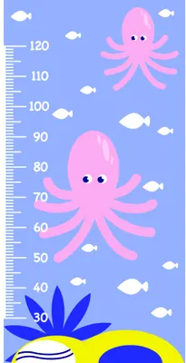 A height chart featuring two pink cartoon octopuses surrounded by white fish against a blue background, with a measurement scale marked from 30 to 120 centimetres.