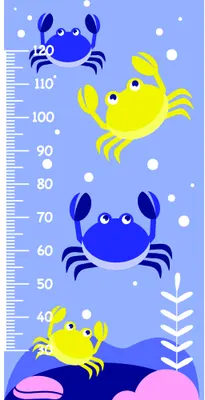 A height measurement chart with cartoon blue and yellow crabs, white bubbles, and pink seaweed on a lavender background, with a scale marked from 40 to 110 centimetres.