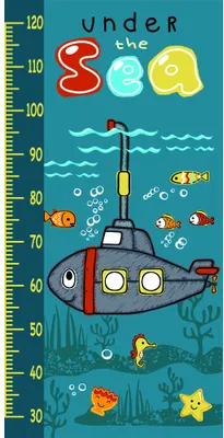 A height chart illustration featuring a red and grey submarine surrounded by cartoon fish, starfish, and sea plants on a teal background with measurement markings from 30 to 120 centimetres.