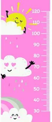 A height measurement chart with a pink background featuring a yellow sun with rays, a smiling cloud with rain, and measurement markings from 40 to 120 centimetres.