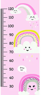 A colourful height chart with illustrated rainbows and clouds, each with simple smiling faces, decorated with rain drops and stars on a pink background with measurement markings.
