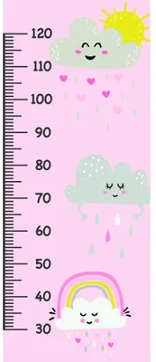 A pastel pink height chart featuring smiling cartoon clouds at the top, a rainbow in the middle, and rain drops below, with measurement markings from 30 to 120 centimetres.
