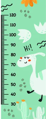 A white cartoon bunny with a happy expression stands against a mint green background with a height measurement scale marked from 30 to 120 centimetres, surrounded by illustrated cacti, clouds and simple nature details.