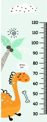 A height measurement chart showing an orange giraffe standing beside a green palm tree with measurement markings from 30 to 120 centimetres.