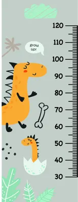 A height chart featuring a large orange dinosaur with spikes, a smaller dinosaur hatching from an egg below it, measurement scale from 30 to 120, and green botanical elements on a grey background.