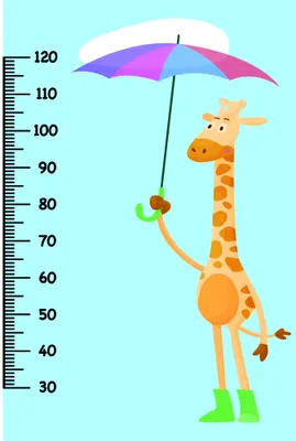 Illustration of a tall giraffe holding a multicoloured striped umbrella, with a height measurement scale from 30 to 120 centimetres on the left side.