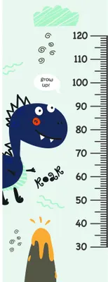 A cartoon height chart featuring a navy blue monster with spiky hair and a friendly face, with a small orange volcano at the bottom and measurement markings up the side.