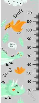 A height measurement chart featuring cartoon animals including a bird, fox, and hedgehog alongside bones, flowers, and leaves on a grey background with measurement scale from 60 to 120 centimetres.