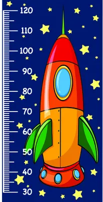 A tall cartoon rocket in red and orange with green fins against a navy starry background, marked with height measurements from 30 to 120 centimetres.