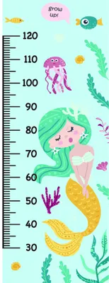 A colourful illustrated height chart showing a smiling mermaid with long green hair and yellow tail surrounded by fish, jellyfish, seaweed and coral against a pale blue background.