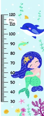A height chart from 30 to 120 cm featuring an illustrated mermaid with flowing purple hair resting against a large whale, surrounded by tropical fish, starfish and coral in pastel blues and greens.