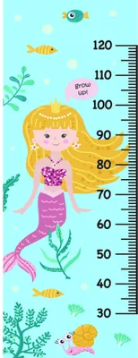 A height chart featuring an illustrated blonde mermaid with a pink tail, surrounded by colourful fish, starfish, and seaweed against a pale blue background with measurement markings from 30 to 120 centimetres.