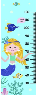 A colourful height chart showing a happy blonde mermaid in a purple tail with underwater treasures, fish, and sea plants against a turquoise background, marked with measurements from 30 to 120 centimetres.
