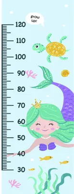 A smiling mermaid with long green hair floats among coral and small fish next to a numbered height measurement scale from 30 to 120 centimetres.