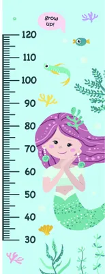 A height chart featuring an illustrated mermaid with long purple hair, surrounded by coloured fish, coral, and seaweed against a pale blue background, with measurement markings from 30 to 120 centimetres.