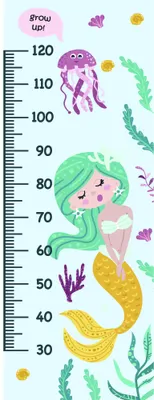 A colourful illustrated height chart featuring a pink-haired mermaid with a yellow tail, surrounded by purple jellyfish and green seaweed, with measurement markings from 30 to 120 centimetres.