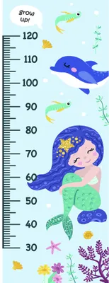 A height chart illustration showing a mermaid with long blue hair, fish, starfish, seaweed and coral against a pale blue background with measurement markings from 30 to 120 centimetres.