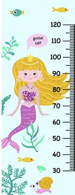 A height measurement chart decorated with a smiling blonde mermaid in a pink tail, surrounded by fish, seaweed, and coral in pastel colours against a light blue background.