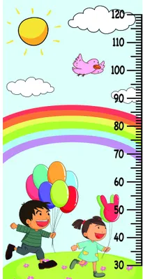 A cartoon-style height chart featuring two children holding colourful balloons, a sun, clouds, an aircraft, and a rainbow, with numbered measurements from 30 to 120 centimetres along the right edge.