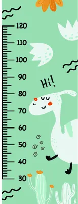 A height chart featuring a smiling white bunny character standing next to a measurement scale from 30 to 120 centimetres, surrounded by orange cacti and decorative line drawings on a soft green background.