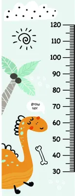 A cheerful orange dinosaur illustration stands next to a height measurement scale from 30 to 120 centimetres, with sun rays, green leaves, and scattered dots in the background.