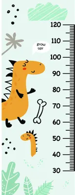 A tall orange dinosaur with spikes stands beside a measurement scale from 30 to 120 centimetres, with a smaller yellow dinosaur below, scattered dots, a grey star, green leaf shapes, and a bone toy illustrated in a playful cartoon style.