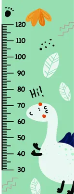 A white llama with an orange tuft of hair on its head stands against a mint-green background next to a height measurement scale marked from 30 to 120 centimetres, surrounded by orange flowers and white leaves.