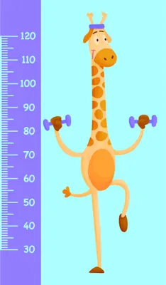 A cartoon giraffe with an orange body holds colourful dumbbells in both hands while standing next to a height measurement scale marked from 30 to 120 centimetres.