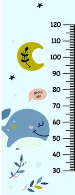 A pastel-coloured height chart featuring a smiling blue whale, crescent moon with botanical sprigs, small stars, and a measurement scale from 30 to 120 centimetres.