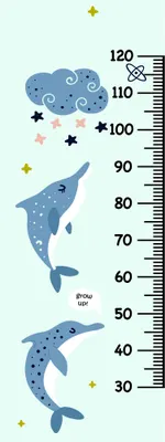 A watercolour-style height chart featuring two blue whales with star patterns, surrounded by floating stars in gold and cream, with measurement markings from 30 to 120 centimetres.